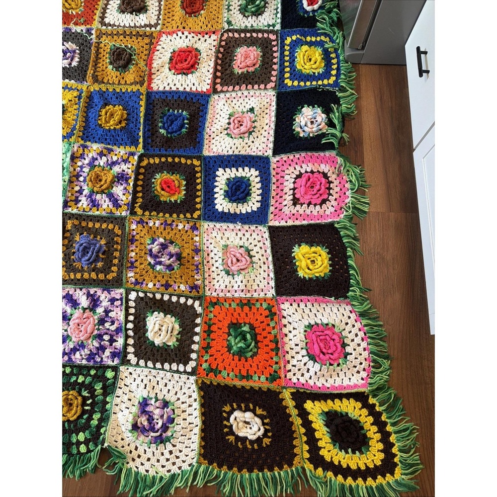 98 x 91" Hand-Crocheted Raised Floral Rose Granny Square Blanket Unfinished